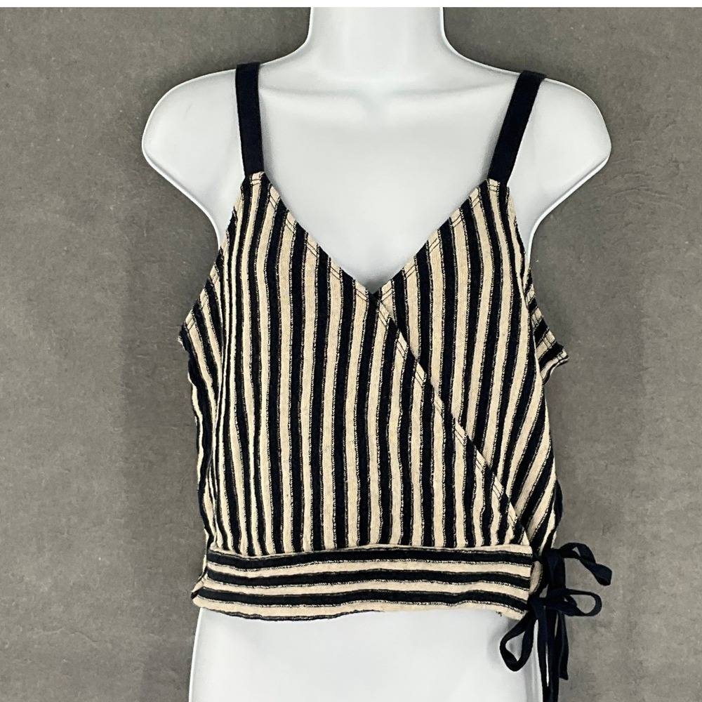 Madewell Striped Wrap Crop Top Tank Blue Beige Knit Size S Travel Beach Cruise